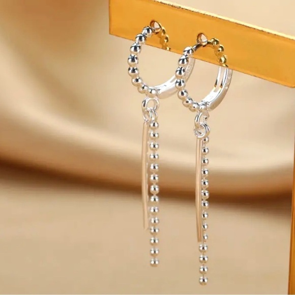 New Silver Minimalist Beaded Tassel Drop Earrings